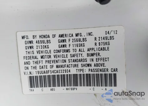 2012 Acura Tl 3.5 z USA, uszkodzony, nr VIN 19UUA8F54CA032904